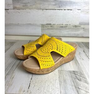 Cato Women's 11 Comfort Goldenrod Cork Wedge Slip-On Laser Cut Summer Sandals